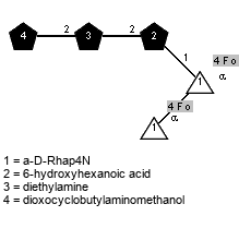 Fo(1-4)aDRhap4N(1-3)[Fo(1-4),Subst3(1-2)Subst2(1-2)Subst1(1-1)]aDRhap4N // Subst1 = 6-hydroxyhexanoic acid = SMILES O={2}C(O)CCCC{1}CO; Subst2 = diethylamine = SMILES {2}NCC{1}N; Subst3 = dioxocyclobutylaminomethanol = SMILES  NC1C(=O)C(=O){1}C1O