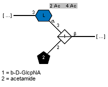 -3)[Ac(1-4),Ac(1-2)]aLQuipN4N(1-3)[Subst(1-2)]bDGlcpNA(1- // Subst = acetamide = SMILES C{1}C(=N)O