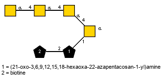 Ac(1-2)aDGalpN(1-4)[Ac(1-2)]aDGalpN(1-4)[Ac(1-2)]aDGalpN(1-4)[Ac(1-2),Subst2(1-2)Subst1(1-1)]aDGalpN // Subst1 = (21-oxo-3,6,9,12,15,18-hexaoxa-22-azapentacosan-1-yl)amine = SMILES {2}NCCOCCOCCOCCOCCOCCOCCC(=O)NCC{1}CO; Subst2 = biotine = SMILES O={1}C(O)CCCC[C@@H]2SC[C@@H]1NC(=O)N[C@@H]12
