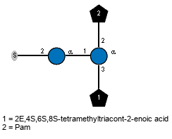 S-2)aDGlcp(1-1)[Subst(1-3),lXPam(1-2)]aDGlcp // Subst = 2E,4S,6S,8S-tetramethyltriacont-2-enoic acid = SMILES O{1}C(/C(C)=C/[C@@H](C)C[C@@H](C)C[C@@H](C)CCCCCCCCCCCCCCCCCCCCCC)=O