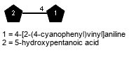 Subst1(5-4)Subst2 // Subst1 = 5-hydroxypentanoic acid = SMILES O=C(O)CCC{5}CO; Subst2 = 4-[2-(4-cyanophenyl)vinyl]aniline = SMILES C{4}Nc2ccc(/C=C/c1ccc(C#N)cc1)cc2