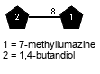 Subst2(1-8)Subst // Subst2 = 1,4-butandiol = SMILES {1}C(O)CCCO; Subst = 7-methyllumazine = SMILES O=C1C2=NC=C(C){8}NC2=NC(N1)=O