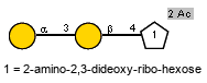 aDGalp(1-3)bDGalp(1-4)[Ac(1-2)]xDSugp // Sug = 2-amino-2,3-dideoxy-ribo-hexose = SMILES {2}N[C@@H]1C{4}[C@H](O)[C@@H](CO)OC1O