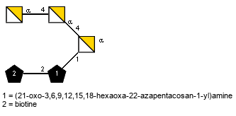 aDGalpN(1-4)aDGalpN(1-4)[Subst2(1-2)Subst1(1-1)]aDGalpN // Subst1 = (21-oxo-3,6,9,12,15,18-hexaoxa-22-azapentacosan-1-yl)amine = SMILES {2}NCCOCCOCCOCCOCCOCCOCCC(=O)NCC{1}CO; Subst2 = biotine = SMILES O={1}C(O)CCCC[C@@H]2SC[C@@H]1NC(=O)N[C@@H]12