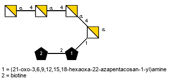 aDGalpN(1-4)aDGalpN(1-4)aDGalpN(1-4)[Subst2(1-2)Subst1(1-1)]aDGalpN // Subst1 = (21-oxo-3,6,9,12,15,18-hexaoxa-22-azapentacosan-1-yl)amine = SMILES {2}NCCOCCOCCOCCOCCOCCOCCC(=O)NCC{1}CO; Subst2 = biotine = SMILES O={1}C(O)CCCC[C@@H]2SC[C@@H]1NC(=O)N[C@@H]12