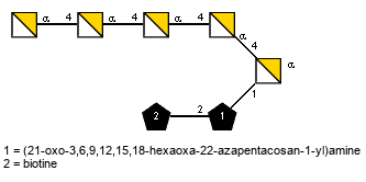 aDGalpN(1-4)aDGalpN(1-4)aDGalpN(1-4)aDGalpN(1-4)[Subst2(1-2)Subst1(1-1)]aDGalpN // Subst1 = (21-oxo-3,6,9,12,15,18-hexaoxa-22-azapentacosan-1-yl)amine = SMILES {2}NCCOCCOCCOCCOCCOCCOCCC(=O)NCC{1}CO; Subst2 = biotine = SMILES O={1}C(O)CCCC[C@@H]2SC[C@@H]1NC(=O)N[C@@H]12