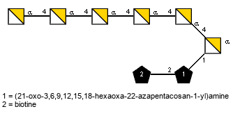 aDGalpN(1-4)aDGalpN(1-4)aDGalpN(1-4)aDGalpN(1-4)aDGalpN(1-4)[Subst2(1-2)Subst1(1-1)]aDGalpN // Subst1 = (21-oxo-3,6,9,12,15,18-hexaoxa-22-azapentacosan-1-yl)amine = SMILES {2}NCCOCCOCCOCCOCCOCCOCCC(=O)NCC{1}CO; Subst2 = biotine = SMILES O={1}C(O)CCCC[C@@H]2SC[C@@H]1NC(=O)N[C@@H]12
