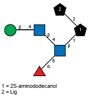 bDManp(1-4)[Ac(1-2)]bDGlcpN(1-4)[aLFucp(1-6),Ac(1-2)]bDGlcpN(1-1)[lXLig(1-2)]Subst // Subst = 2S-aminododecanol = SMILES O{1}C{2}[C@@H](N)CCCCCCCCCC