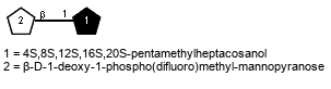 bDSugp(1-1)Subst // Sug = β-D-1-deoxy-1-phospho(difluoro)methyl-mannopyranose = SMILES O[C@@H]([C@H]([C@@H]([C@@H](CO)O1)O)O)[C@@H]1C(F)(F){1}P(O)(O)=O; Subst = 4S,8S,12S,16S,20S-pentamethylheptacosanol = SMILES CCCCCCC[C@H](C)CCC[C@H](C)CCC[C@H](C)CCC[C@H](C)CCC[C@H](C)CC{1}CO