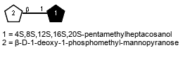 bDSugp(1-1)Subst // Sug = β-D-1-deoxy-1-phosphomethyl-mannopyranose = SMILES O[C@@H]([C@H]([C@@H]([C@@H](CO)O1)O)O)[C@@H]1C{1}P(O)(O)=O; Subst = 4S,8S,12S,16S,20S-pentamethylheptacosanol = SMILES CCCCCCC[C@H](C)CCC[C@H](C)CCC[C@H](C)CCC[C@H](C)CCC[C@H](C)CC{1}CO