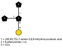 lXOco(1-7)[aDGalp(1-8),Subst2(1-1)]Subst // Subst = (5R,6S,7S)-7-amino-5,6,8-trihydroxyoctanoic acid = SMILES O{8}C{7}[C@H](N)[C@H](O)[C@H](O)CCC{1}C(O)=O; Subst2 = 8-phenyloctan-1-ol = SMILES O{1}CCCCCCCCC1=CC=CC=C1