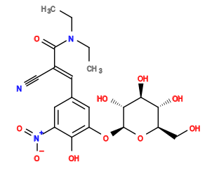 CCN(CC)C(=O)/C(C#N)=C/c1cc(O[C@@H]2O[C@H](CO)[C@@H](O)[C@H](O)[C@H]2O)c(O)c([N+](=O)[O-])c1