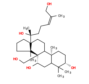 Subst // Subst = SMILES CC1(C)[C@@H](O)CC[C@@]2(C)C1C[C@H](O)[C@]3(CO)C2CCC4([C@@](C)(CC/C=C(CO)\C)O)[C@]3(CCC4)C
