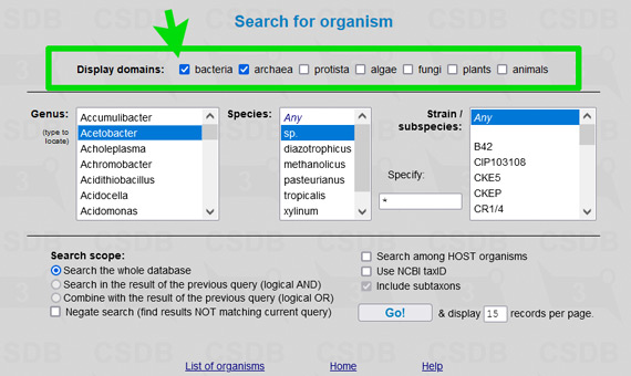 Organism search restriction to a certain taxonomical domain